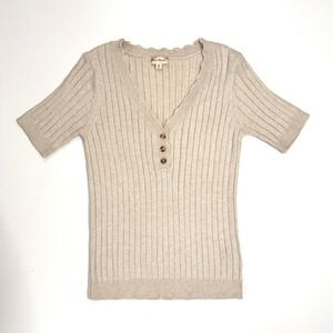 Hem & Thread Beige Ribbed Scalloped V-Neck Henley Short Sleeve Sweater Top M